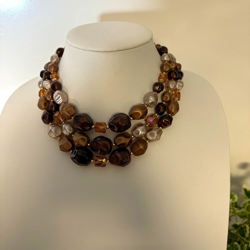 Vintage Multi-Strand Brown Beaded Necklace Gold Accents Statement Jewelry Japan